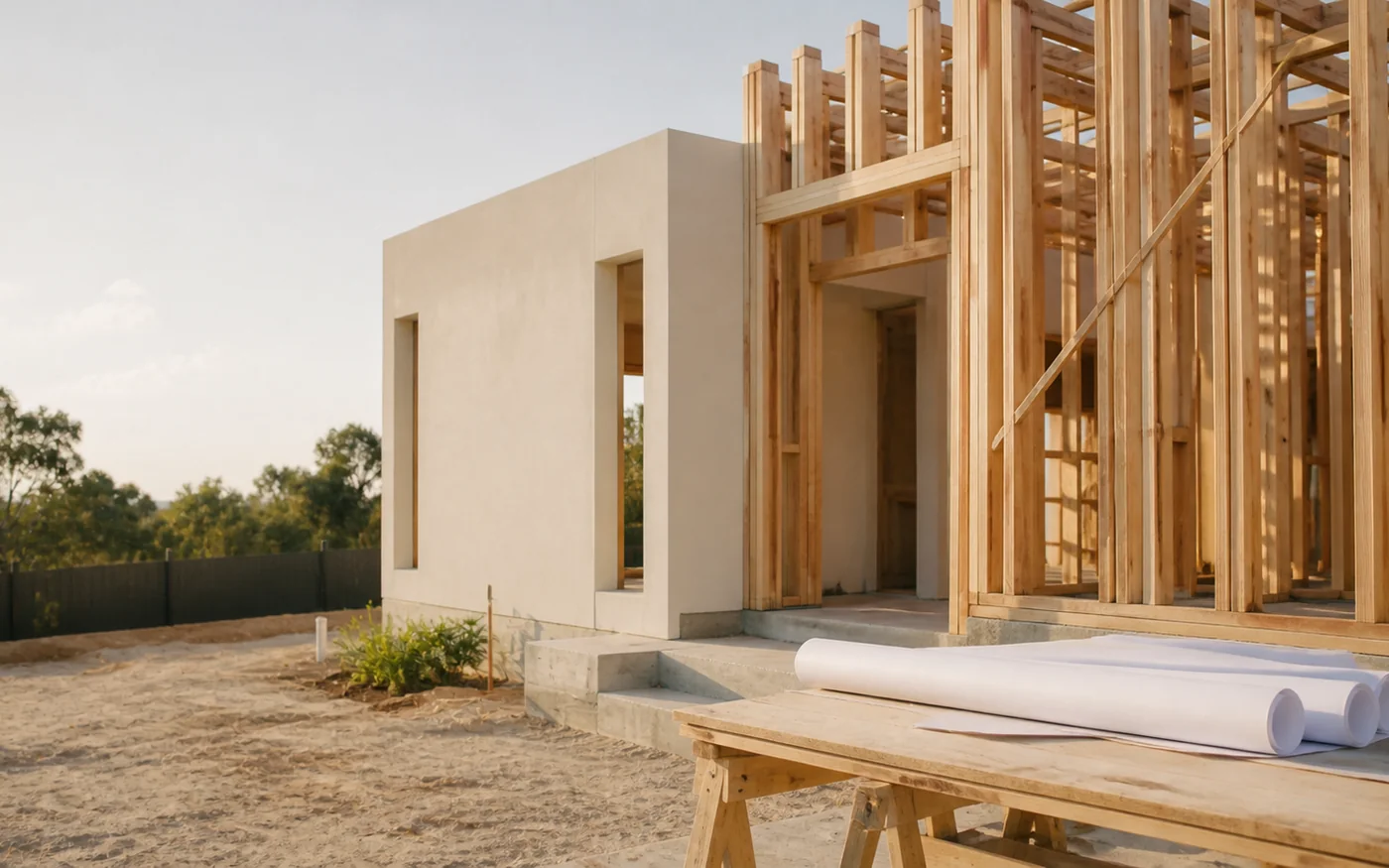 A new home under construction with building plans in the foreground