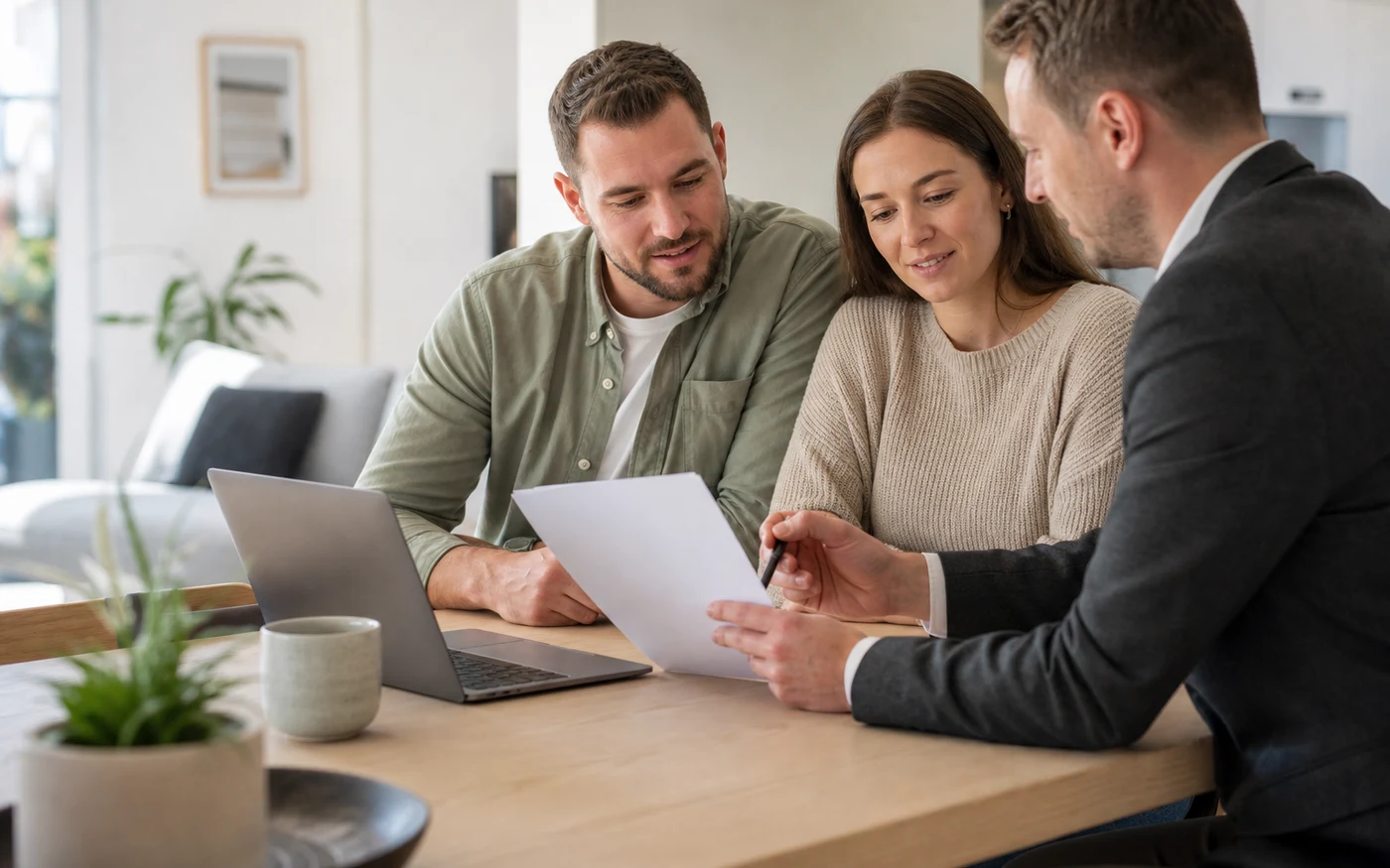 A broker reviewing lending documents with two borrowers
