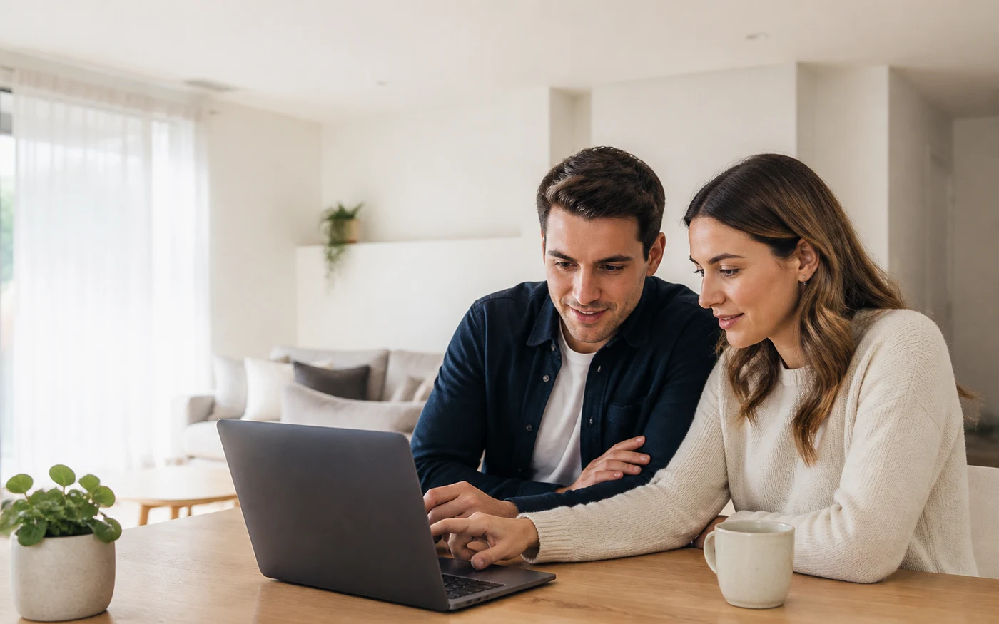 Two borrowers researching home-loan questions together at a laptop