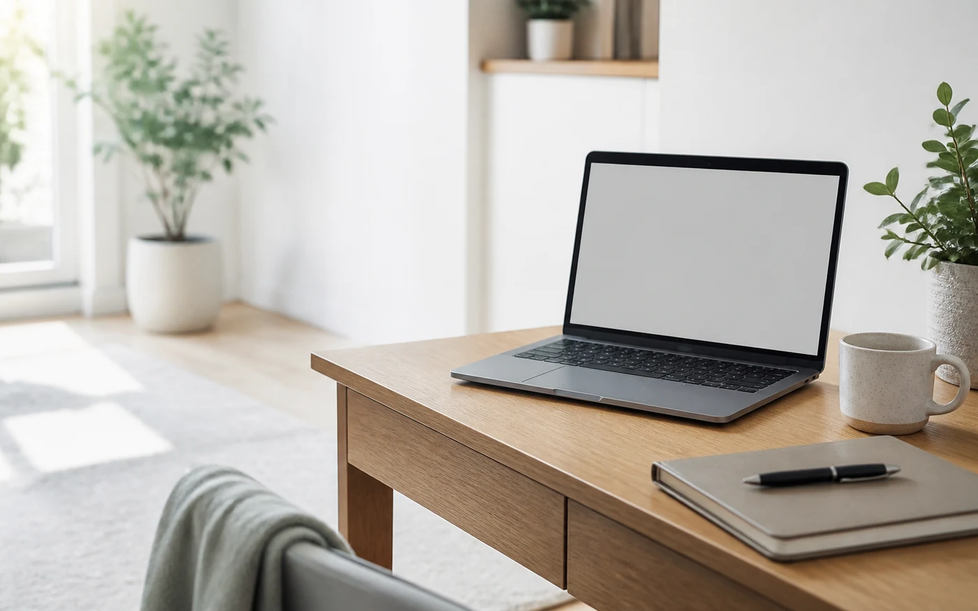 A clean desk with a laptop, notebook, pen and plants