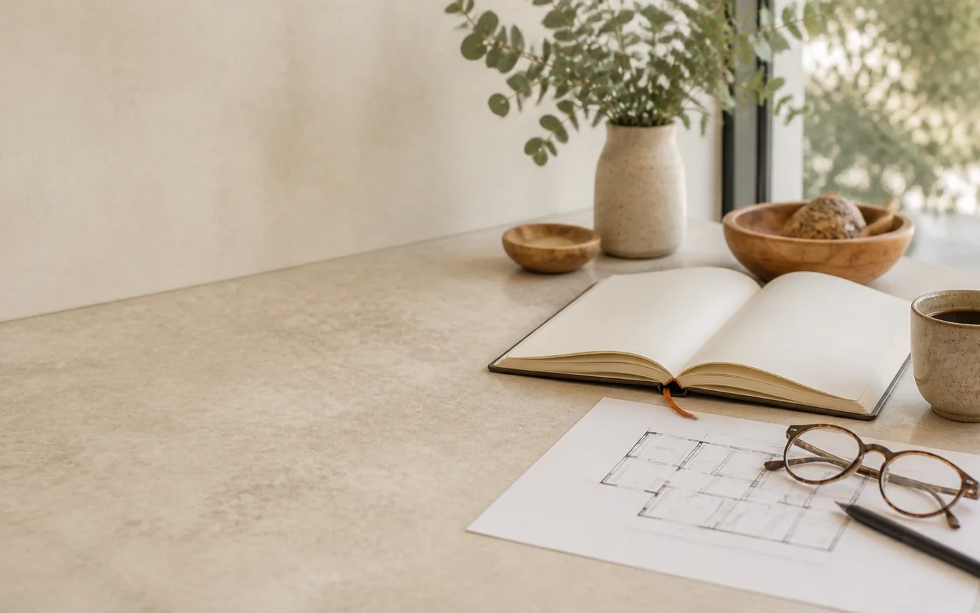 Home-loan notes, plans and reading material arranged on a desk